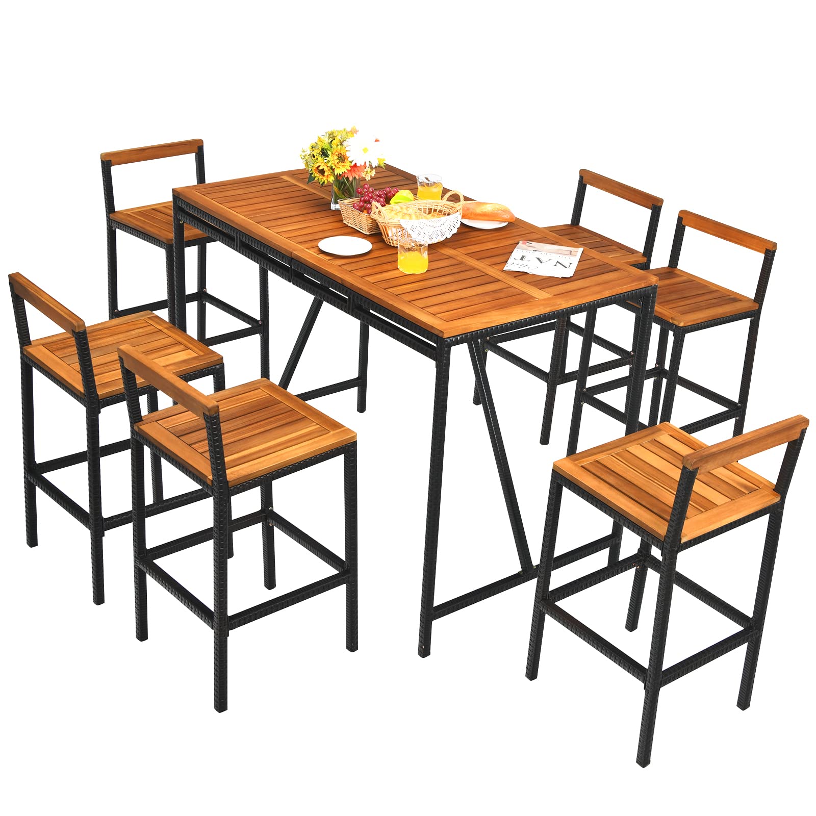 7-Piece Outdoor Acacia Wood Bar Set, Patiojoy Outdoor Rattan High-Dining 6 Bar Stools and 1 Rectangular Table with Umbrella Hole